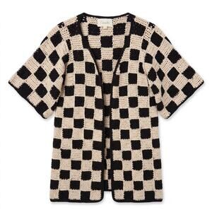 Cleobella Brenda Crochet Black White Checkerboard Knit Cardigan Women's XS Boho